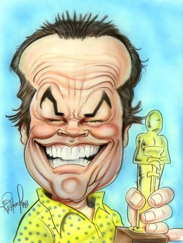 Desenho divertido de Nicholson recebendo um Oscar.