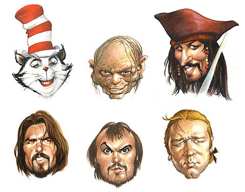 Seis personagens desenhados por Drucker.