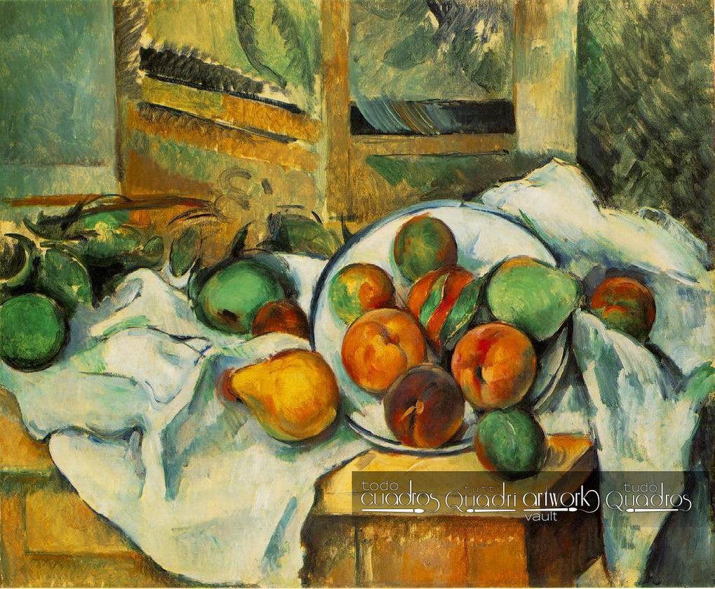 Mesa, toalha e fruta. Cézanne