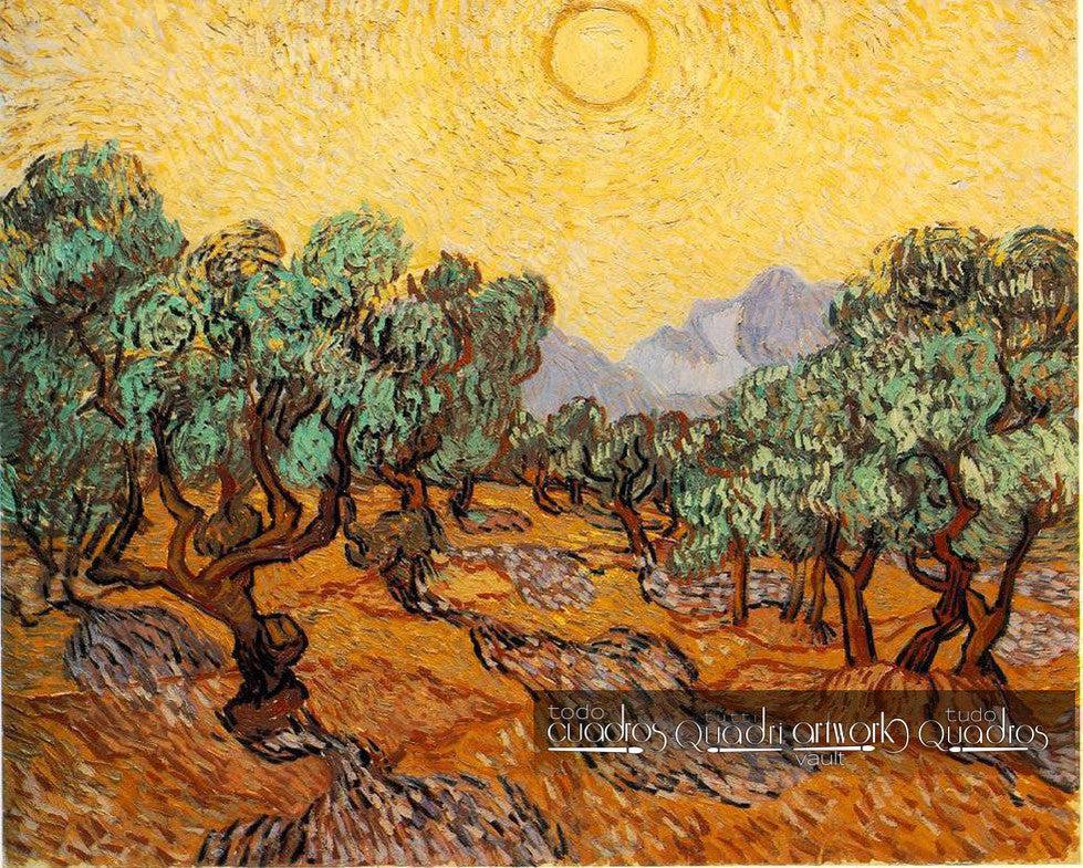 Oliveiras com céu amarelo e sol, Van Gogh